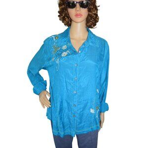 Chico's Robins Egg Blue Embroidered Floral Silk Button Down Shirt Size 2 Large